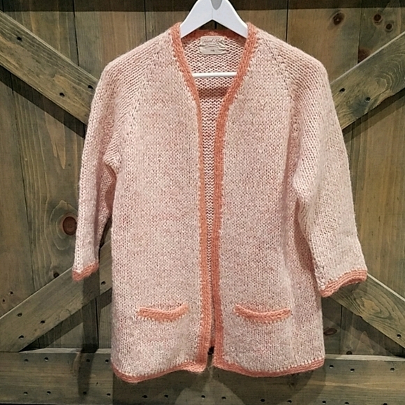 Vintage Sweaters - VINTAGE HAND KNIT ORANGE CARDIGAN BY POLLY COTTAGE PRAIRIE FARM CABIN